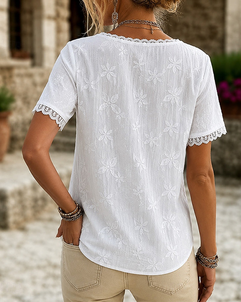 Blouse Col V Dentelle Manche Courte