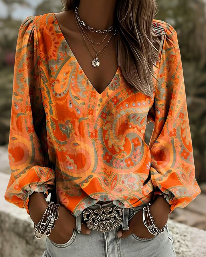 Blouse À Motifs Col V Manches Bouffantes