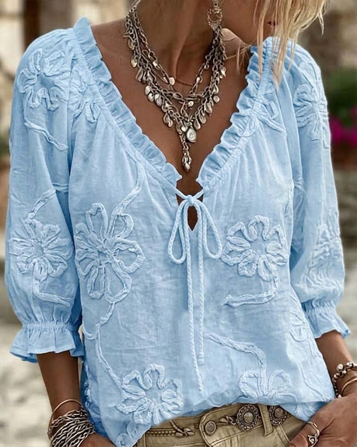 Blouse 100% Coton Col-V Enveloppante À Nœud Volantée