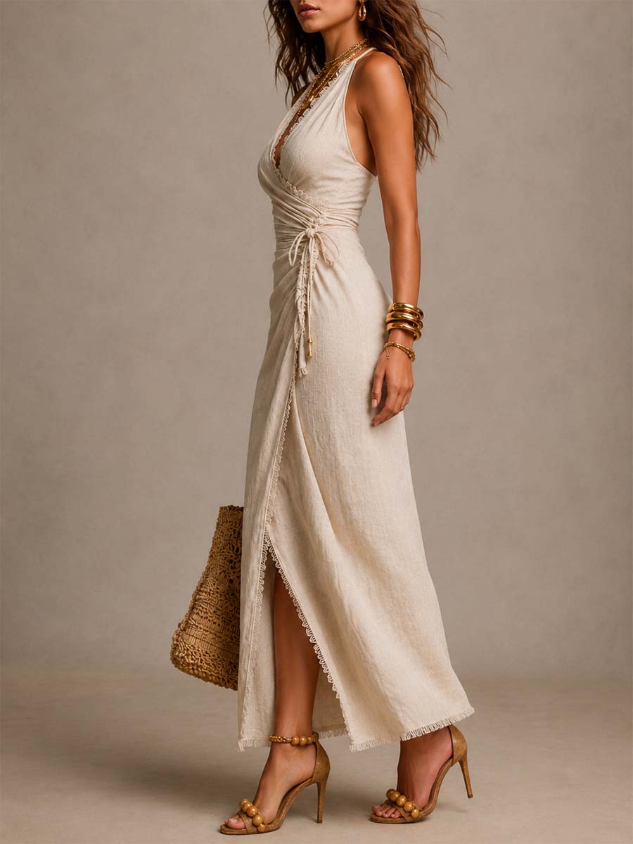 Clémence | Robe Midi en Lin Naturel avec Décolleté Croisé et Dentelle