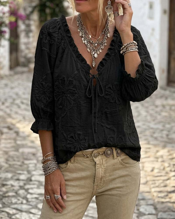 Blouse 100% Coton Col-V Enveloppante À Nœud Volantée