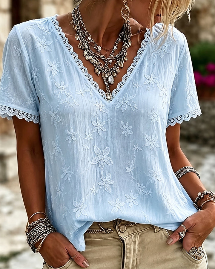 Blouse Col V Dentelle Manche Courte