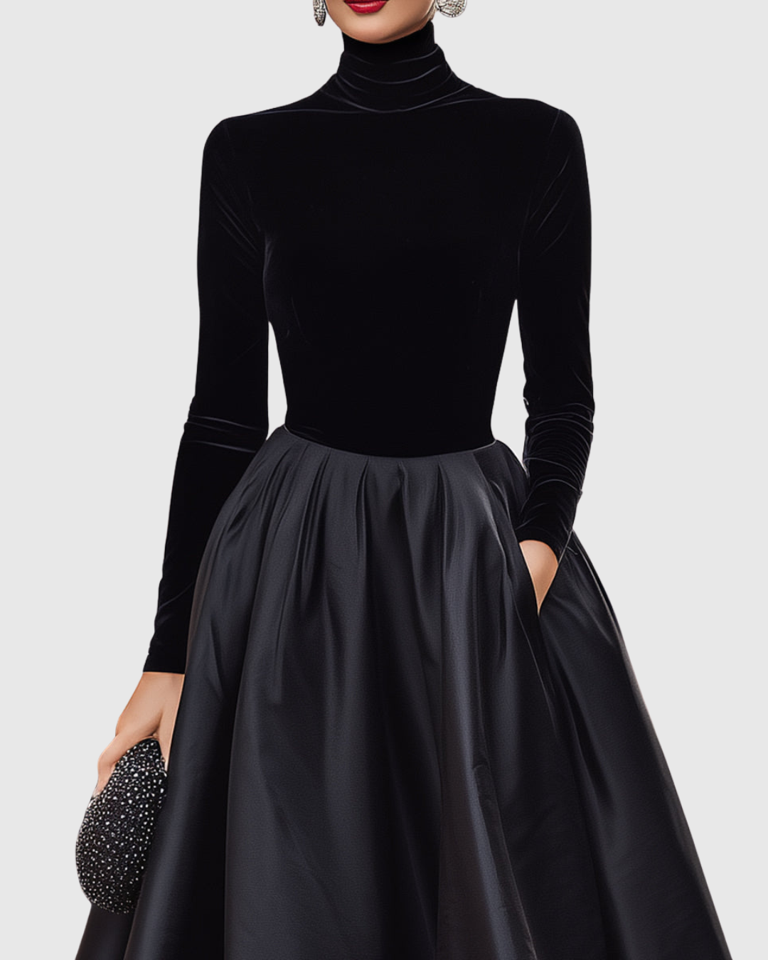 Aradia - Élégante Robe Midi en Velours Noir et Satin