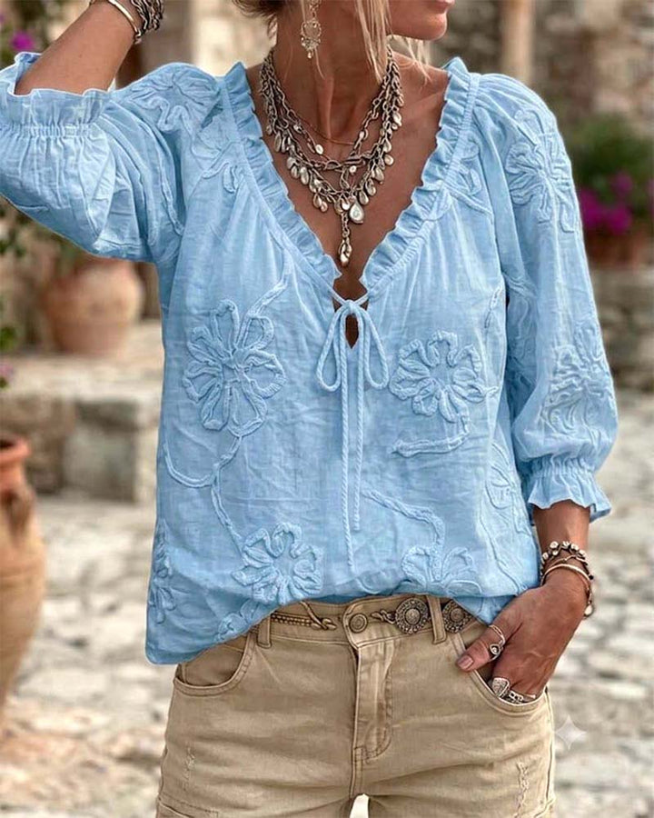 Blouse 100% Coton Col-V Enveloppante À Nœud Volantée