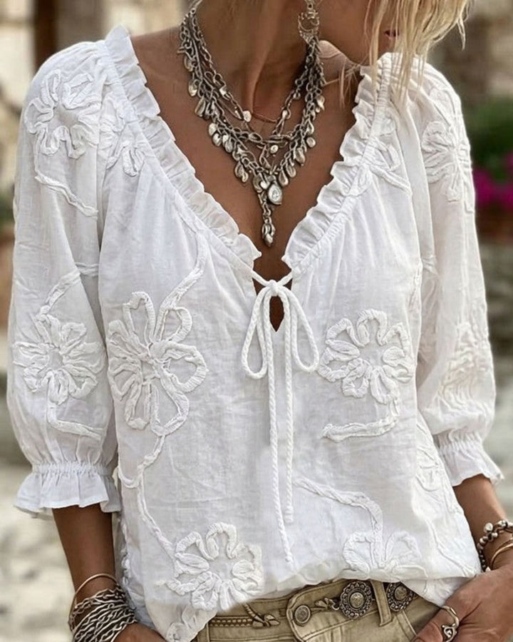 Blouse 100% Coton Col-V Enveloppante À Nœud Volantée