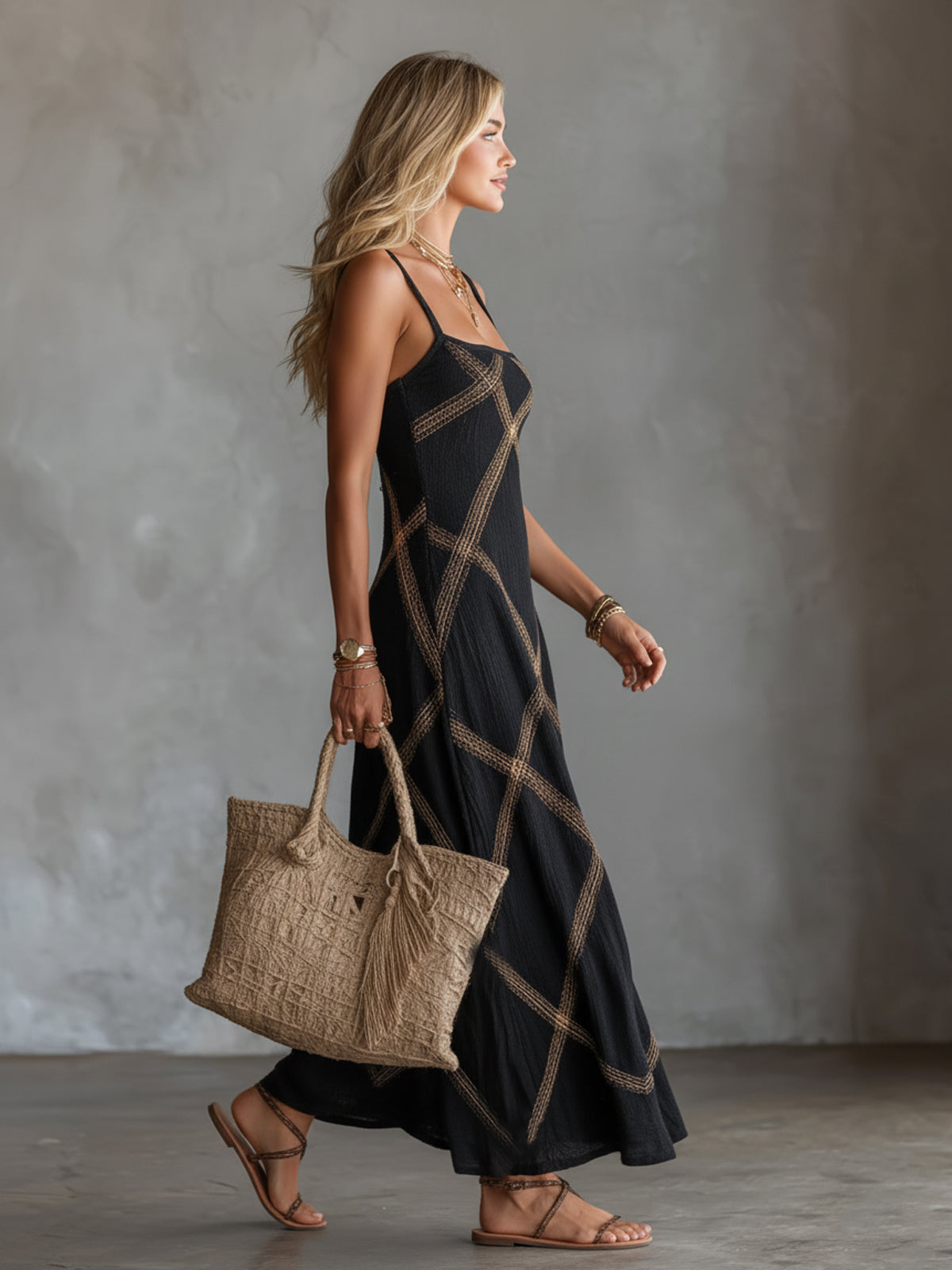 Renée – Robe Géométrique Noir Camel