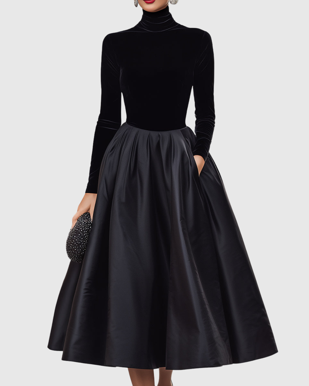 Aradia - Élégante Robe Midi en Velours Noir et Satin