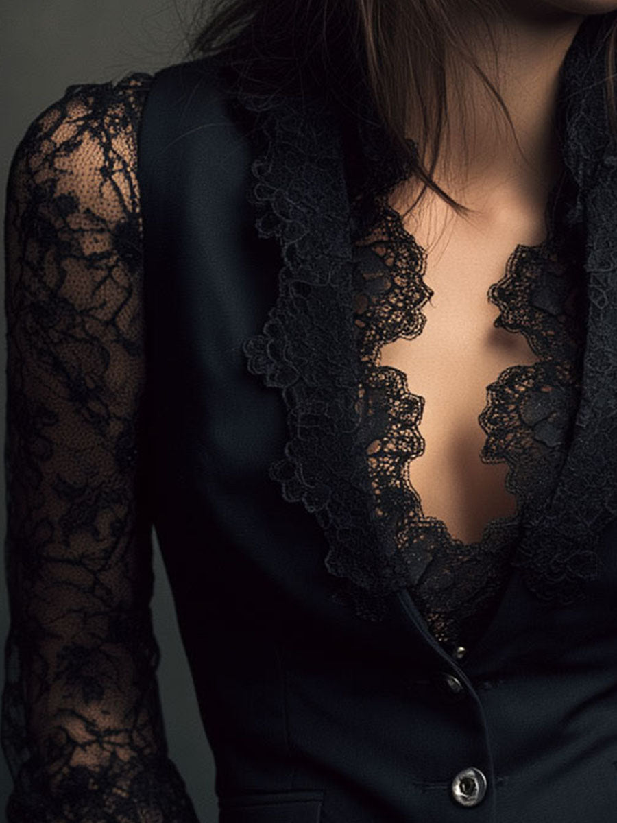 Claudine | Haut Blazer Noir à Manches Semi-Transparentes