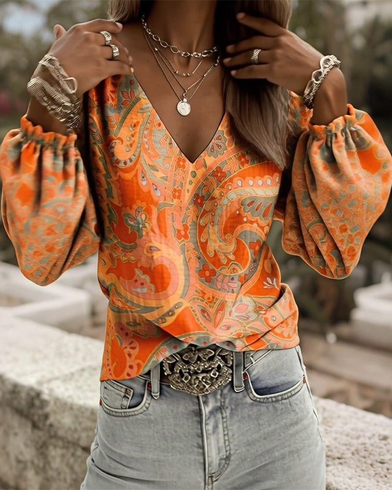 Blouse À Motifs Col V Manches Bouffantes