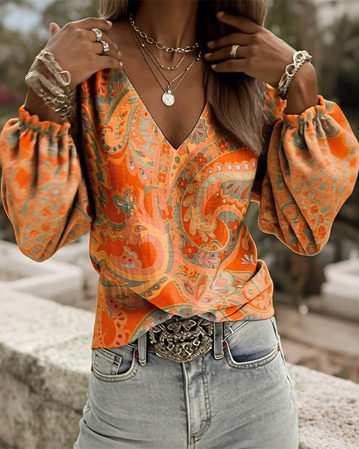 Blouse À Motifs Col V Manches Bouffantes