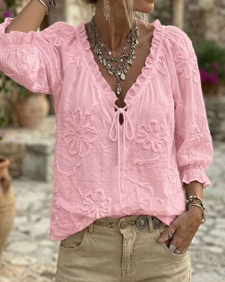 Blouse 100% Coton Col-V Enveloppante À Nœud Volantée