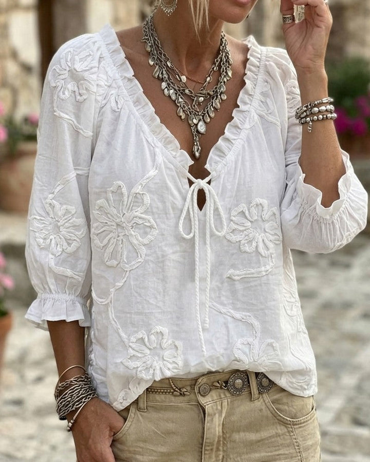 Blouse 100% Coton Col-V Enveloppante À Nœud Volantée
