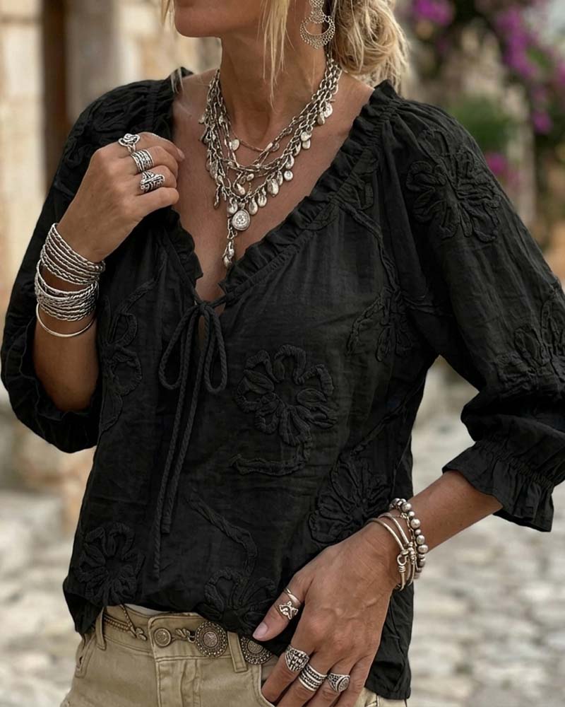 Blouse 100% Coton Col-V Enveloppante À Nœud Volantée