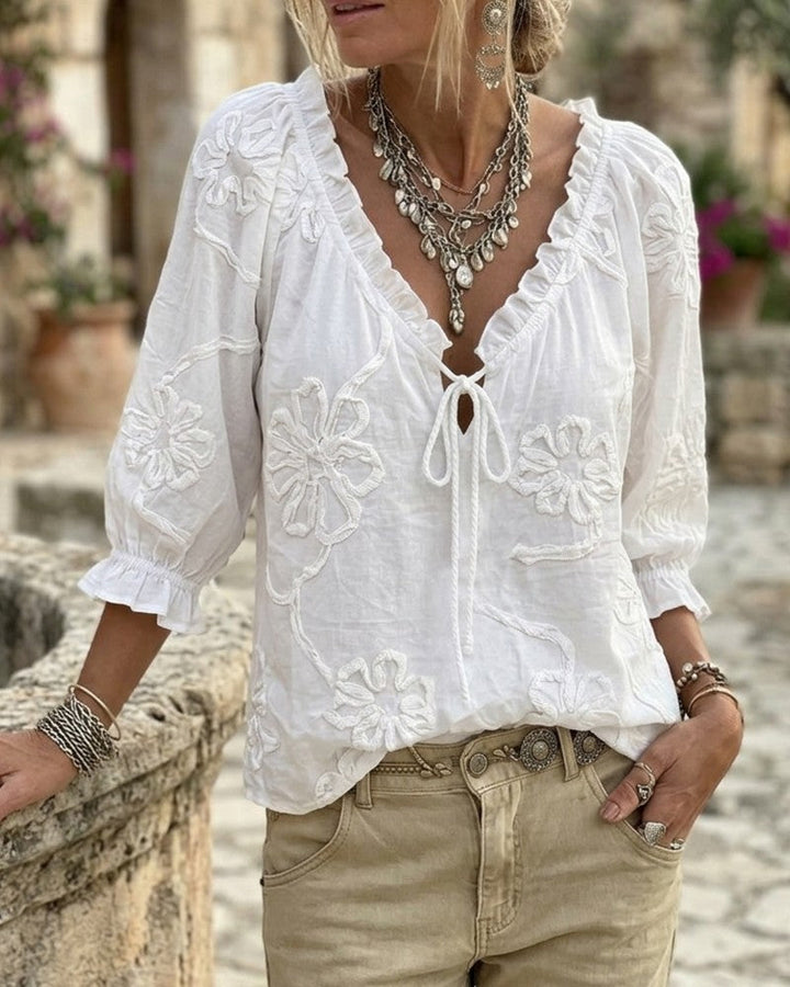 Blouse 100% Coton Col-V Enveloppante À Nœud Volantée