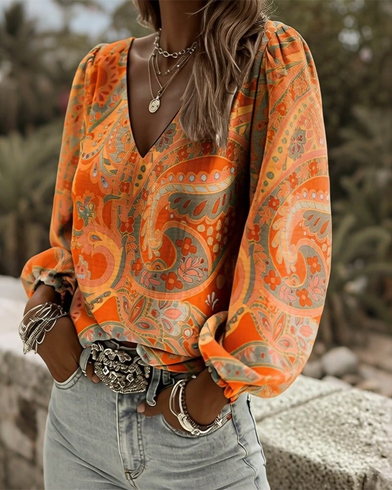 Blouse À Motifs Col V Manches Bouffantes