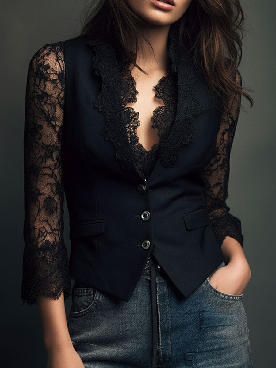 Claudine | Haut Blazer Noir à Manches Semi-Transparentes