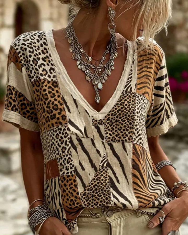 T-Shirt Imprimé Animal Patchwork Col En V Manches Courtes