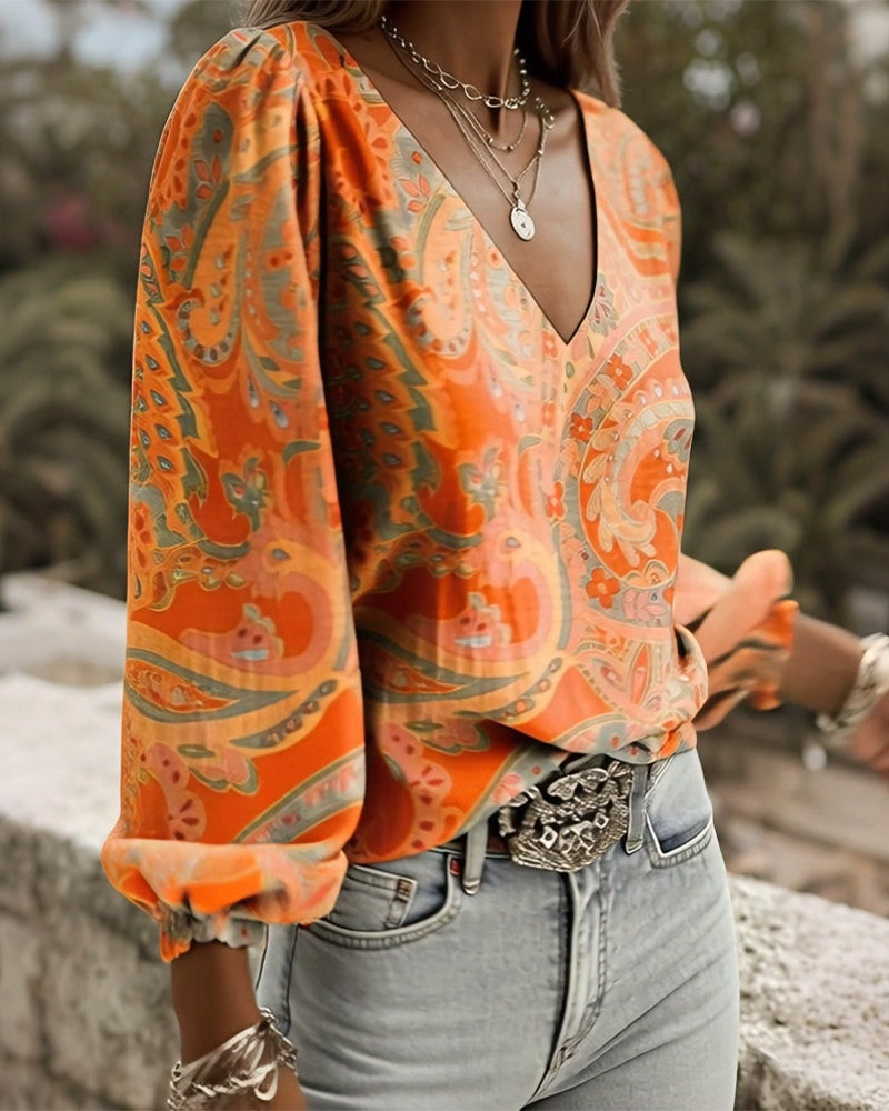 Blouse À Motifs Col V Manches Bouffantes