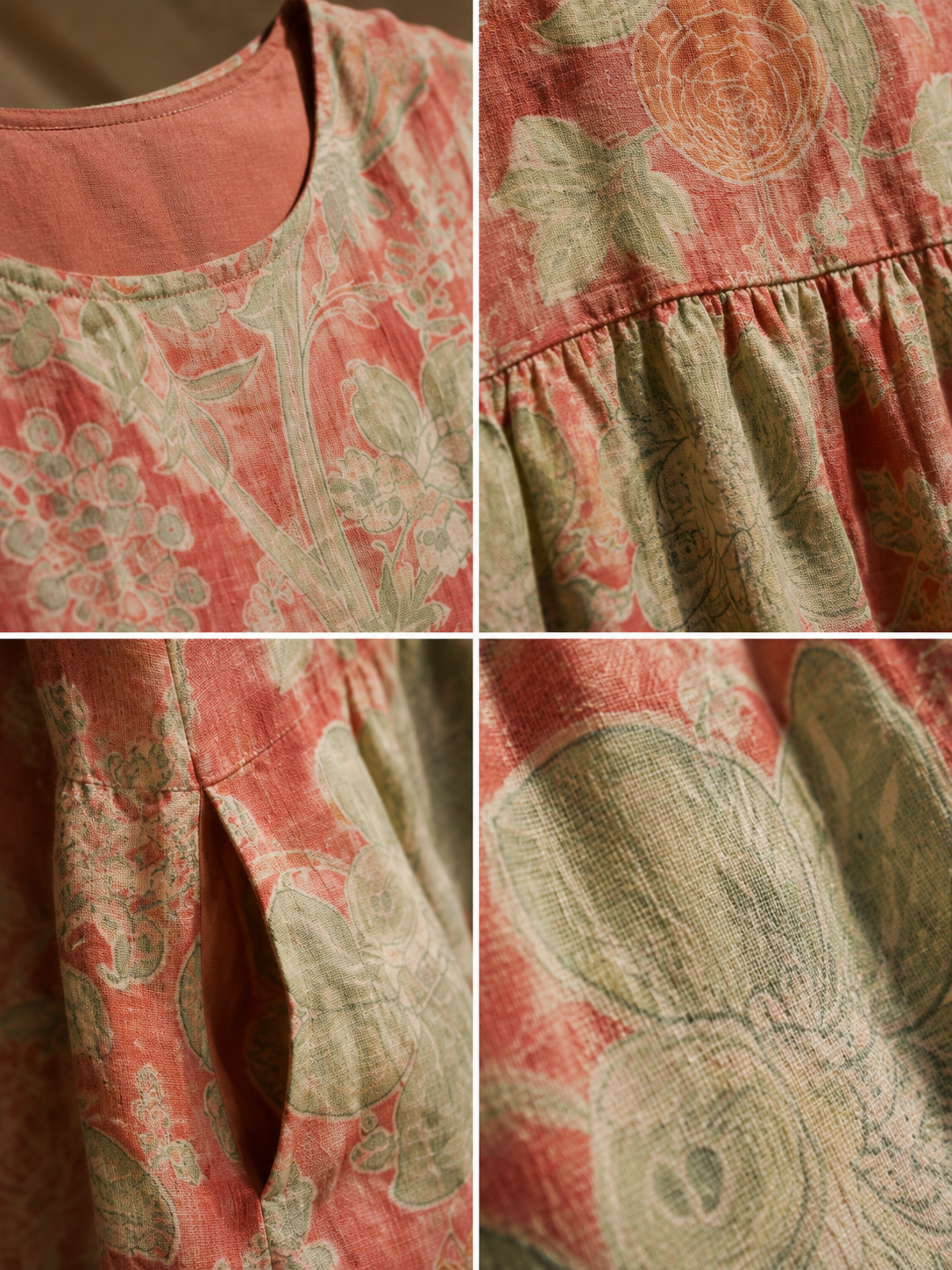 Macro detail van Beth - Robe Midi Florale met focus op de linnen textuur, koraalroze basis, saliegroene botanische print, verfijnde stiksels, tailleplooi en zakafwerking.
