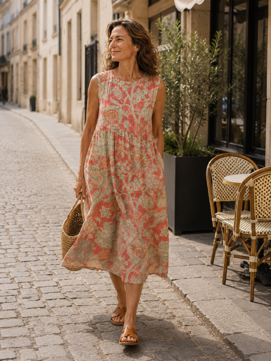 Beth - Robe Midi Florale gedragen in een Parijse lifestyle setting, een mouwloze midi jurk in koraalroze linnen met saliegroene florale print, ronde hals, ontspannen A-lijn pasvorm en zijzakken.
