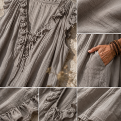 Macro detail van Camélia - Robe Longue Bohème met focus op de gekreukte stofstructuur, steengrijze taupe kleur, ruchehalslijn, verfijnde stiksels en zakafwerking.