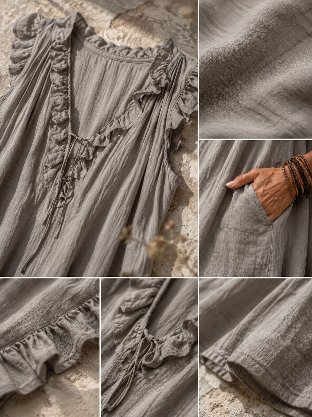 Macro detail van Camélia - Robe Longue Bohème met focus op de gekreukte stofstructuur, steengrijze taupe kleur, ruchehalslijn, verfijnde stiksels en zakafwerking.