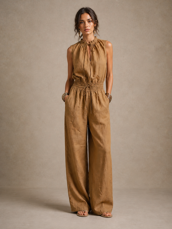 Virginie | Combinaison couleur camel avec décolleté haut noué et jambes larges