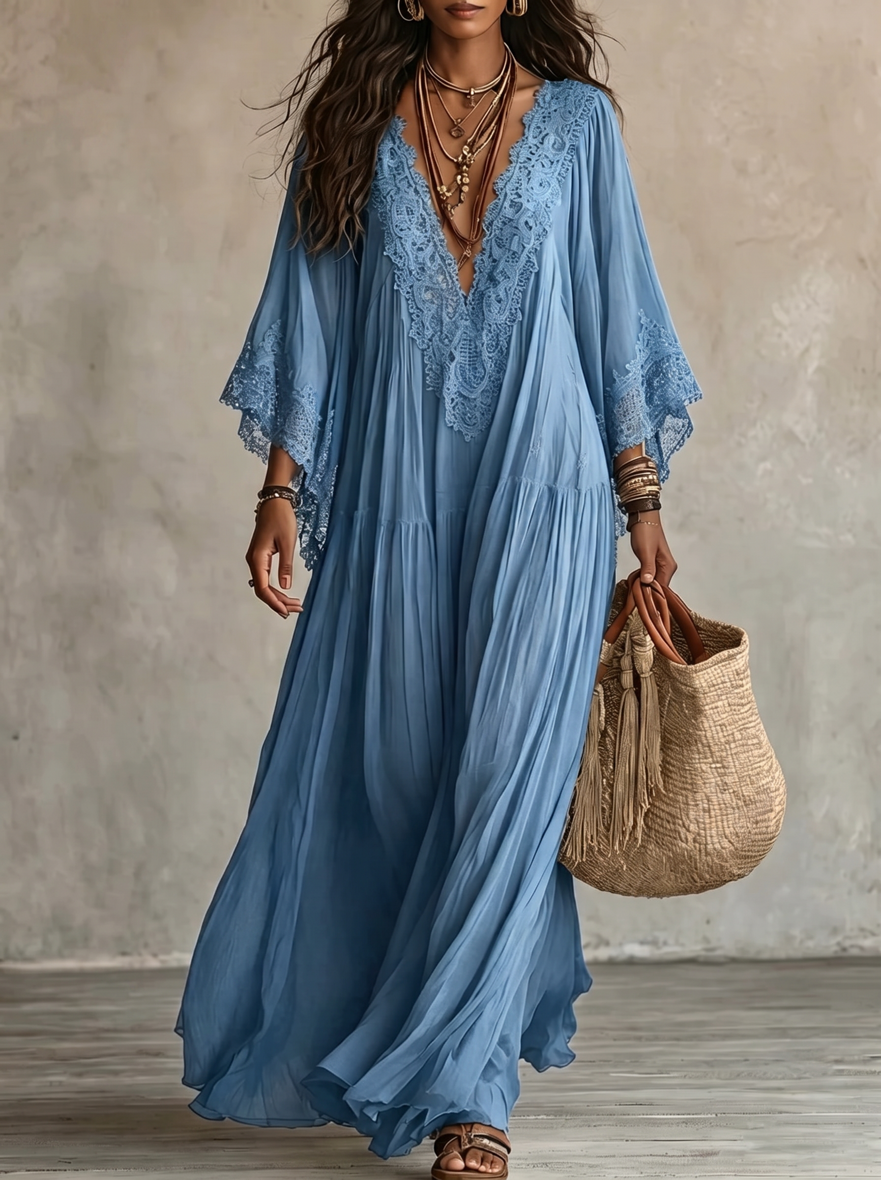 Emeline | Robe Maxi Boho à Manches Amples et Broderies