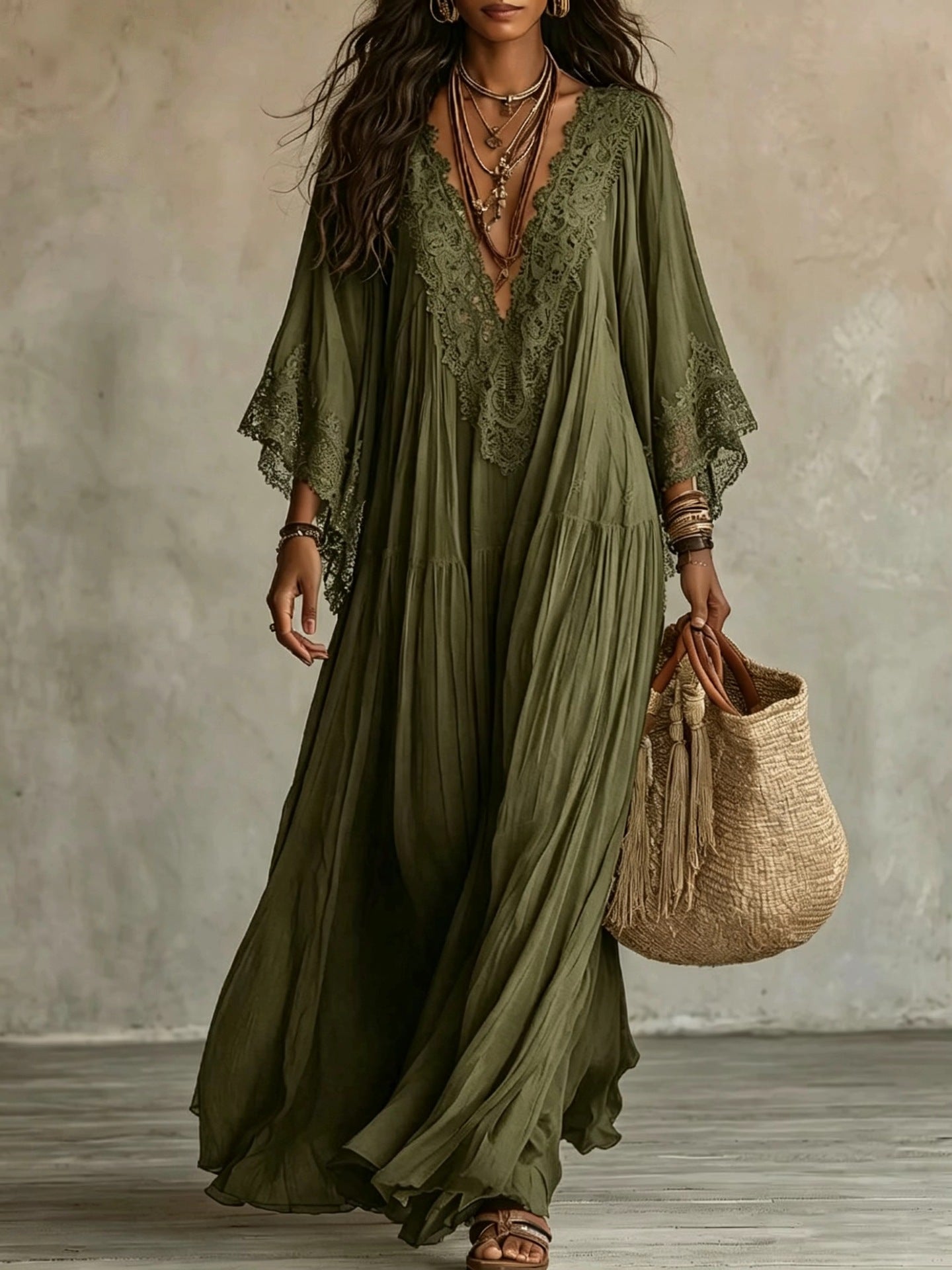 Emeline | Robe Maxi Boho à Manches Amples et Broderies