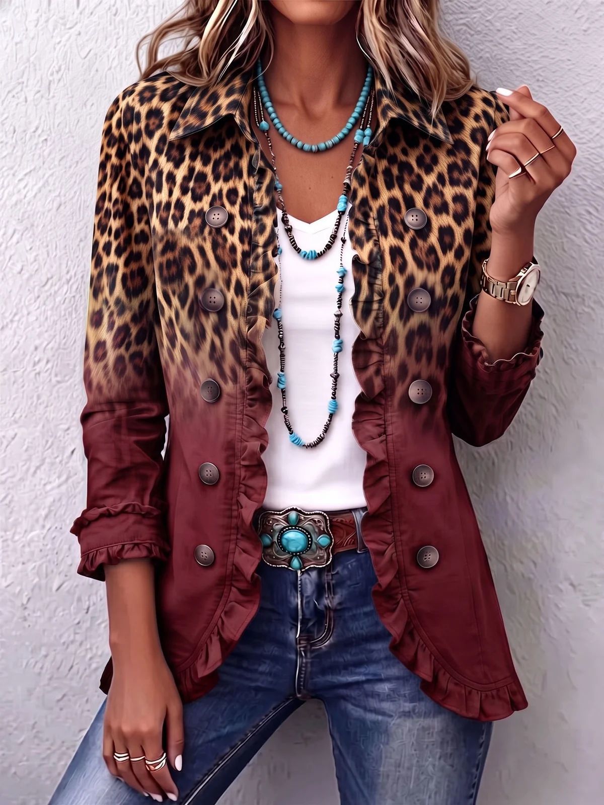 Rosmine | Veste Léopard Vintage Dégradée avec Volants