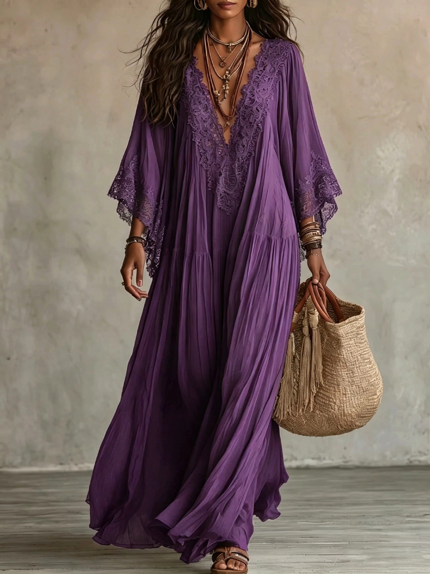Emeline | Robe Maxi Boho à Manches Amples et Broderies