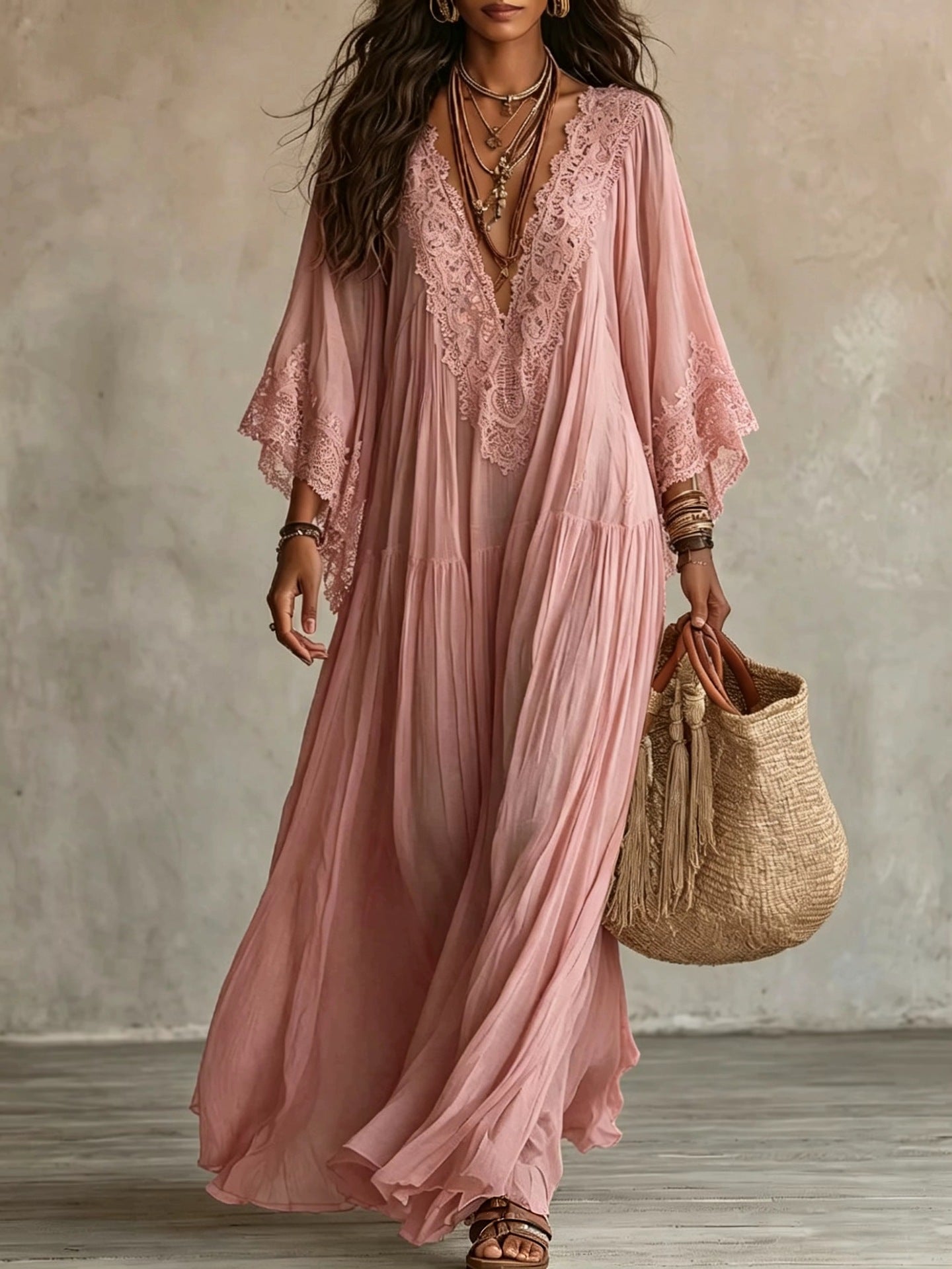 Emeline | Robe Maxi Boho à Manches Amples et Broderies