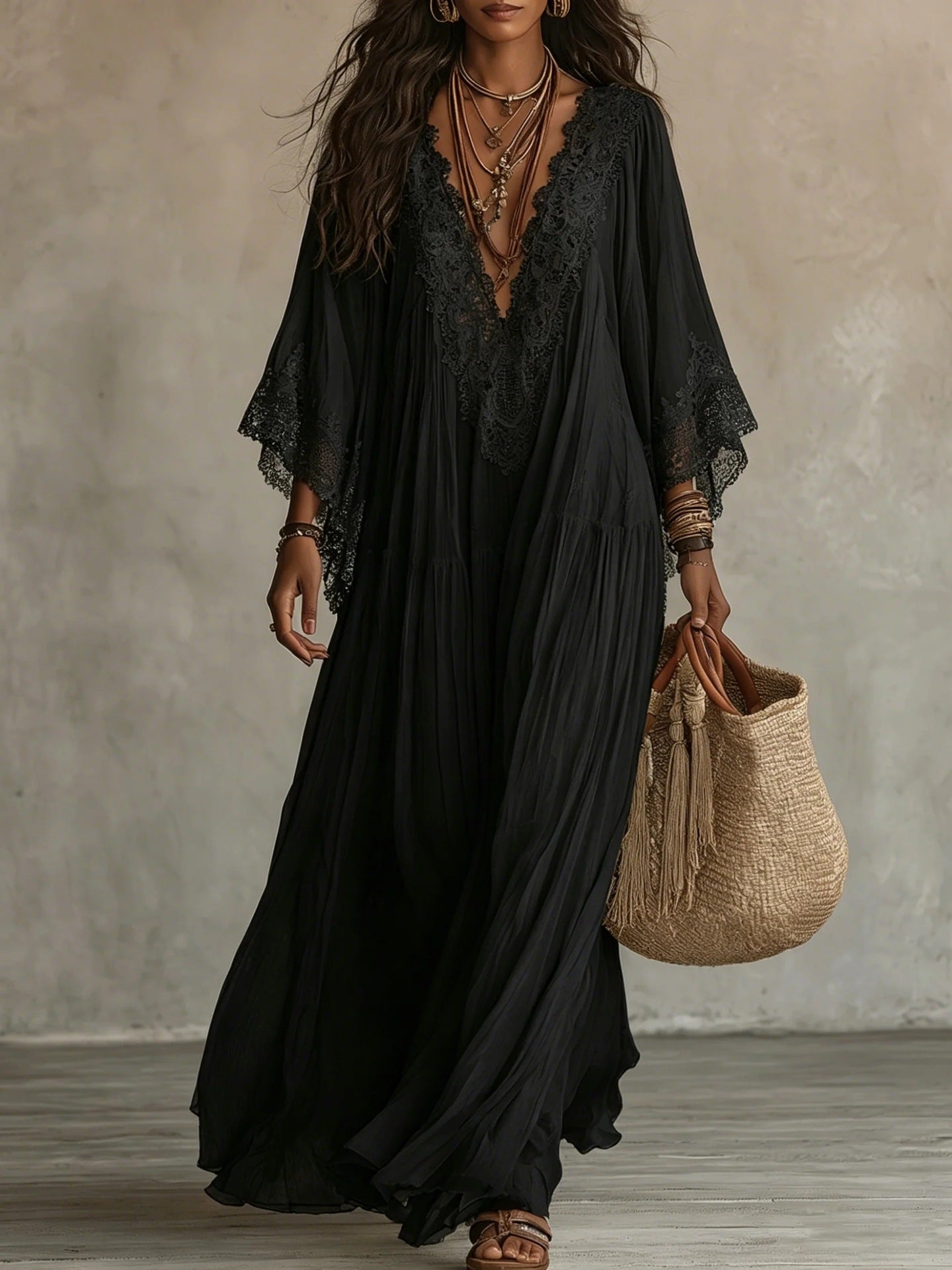 Emeline | Robe Maxi Boho à Manches Amples et Broderies