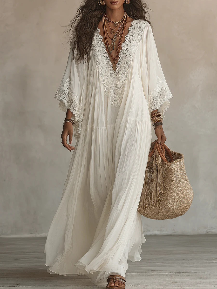Emeline | Robe Maxi Boho à Manches Amples et Broderies