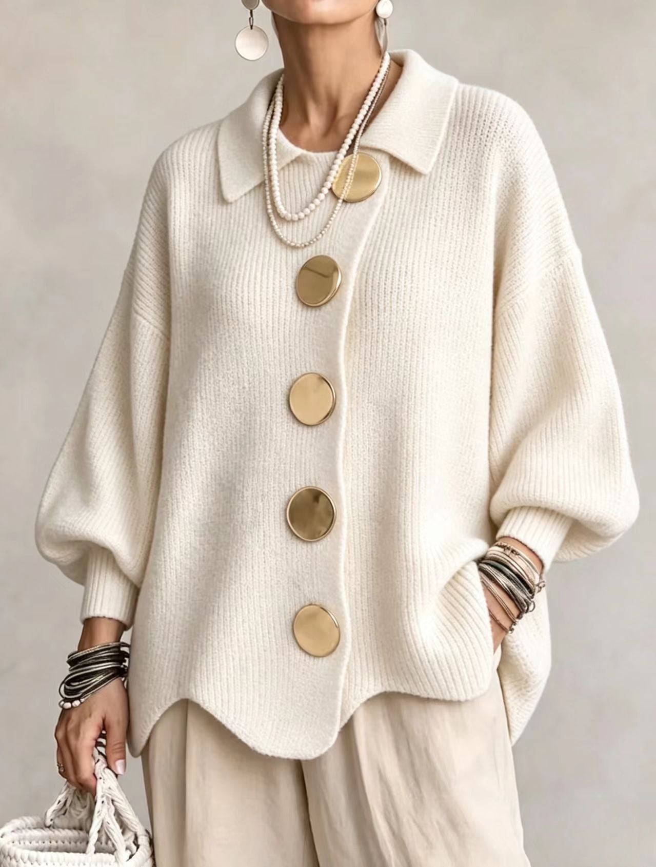 Isadora | Cardigan Oversize à Col avec Gros Boutons Métalliques