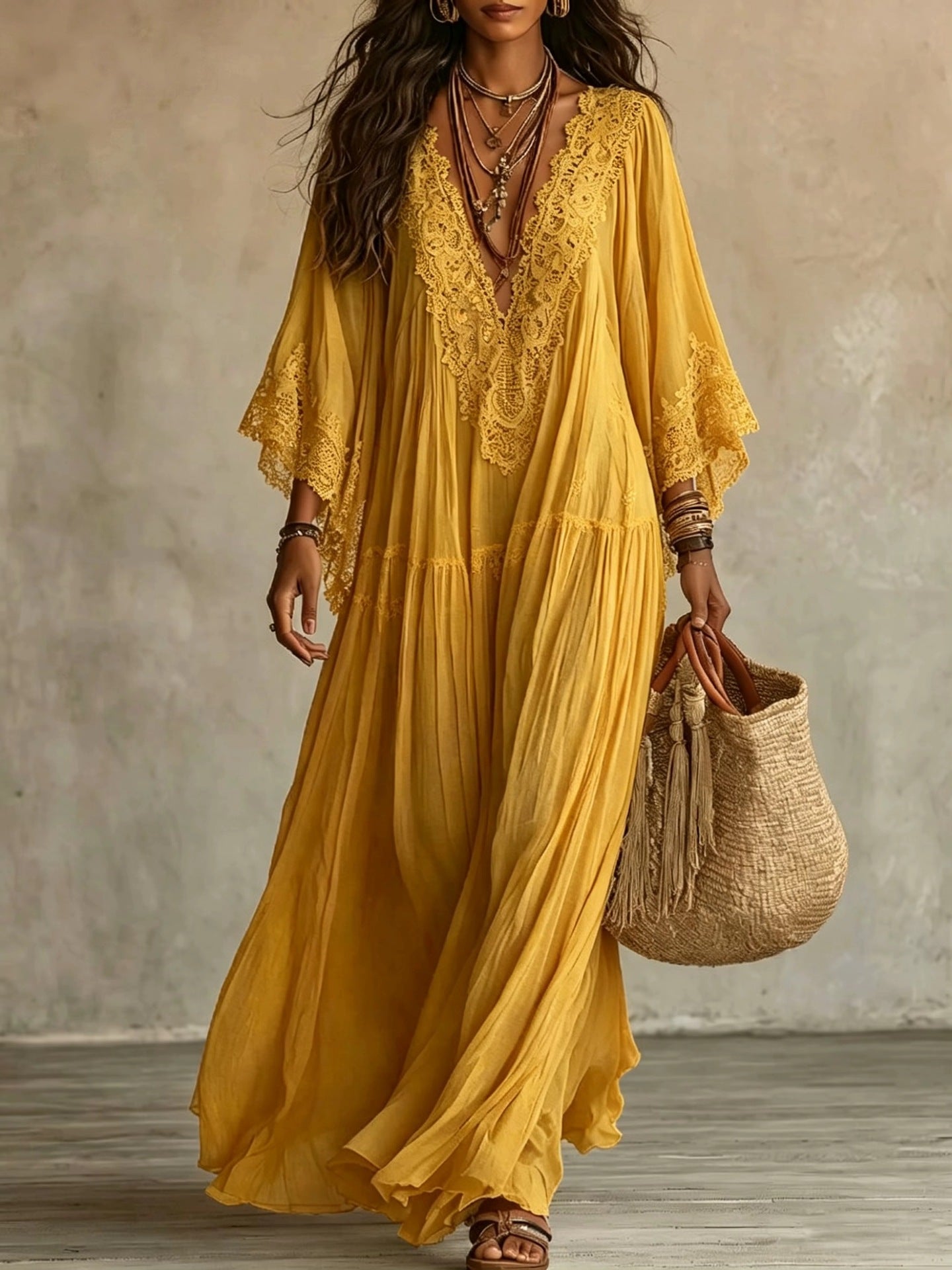 Emeline | Robe Maxi Boho à Manches Amples et Broderies