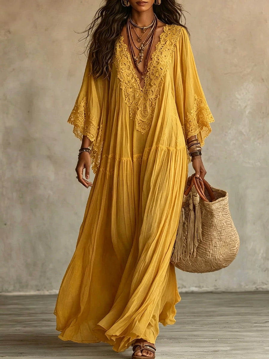 Emeline | Robe Maxi Boho à Manches Amples et Broderies
