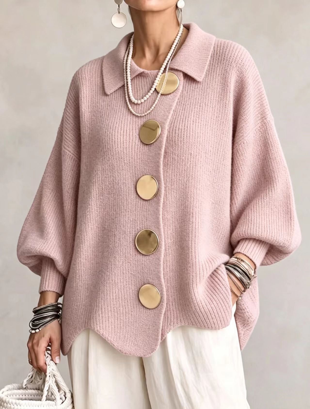 Isadora | Cardigan Oversize à Col avec Gros Boutons Métalliques