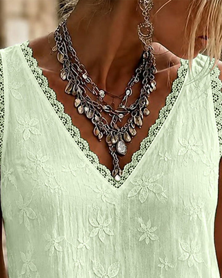 Débardeur Col-V Uni Dentelle