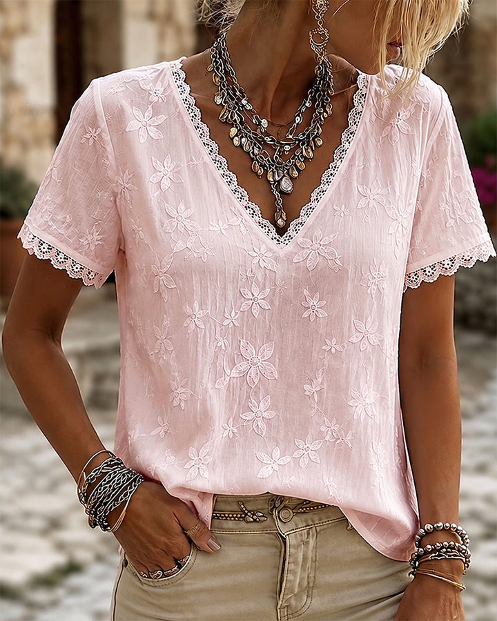 Blouse Col V Dentelle Manche Courte