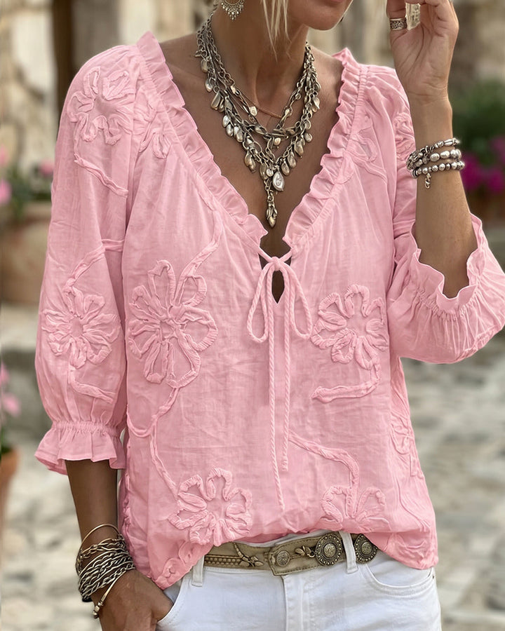 Blouse 100% Coton Col-V Enveloppante À Nœud Volantée