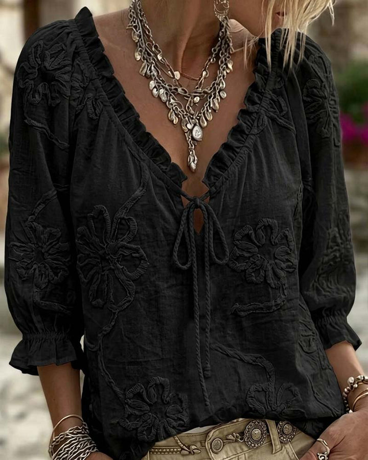 Blouse 100% Coton Col-V Enveloppante À Nœud Volantée