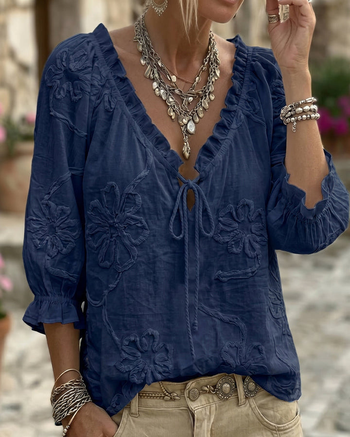 Blouse 100% Coton Col-V Enveloppante À Nœud Volantée