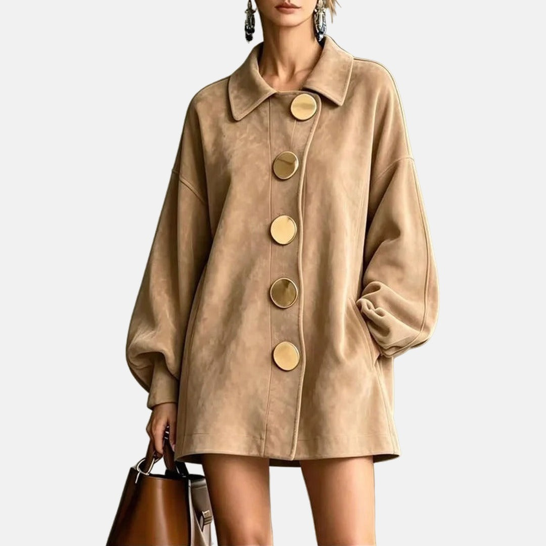 Amelia | Manteau Effet Daim à Boutons Dorés