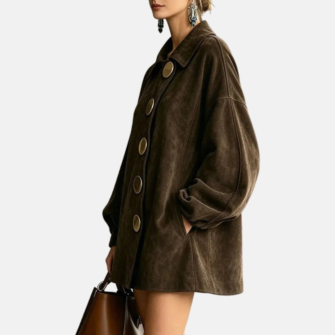 Amelia | Manteau Effet Daim à Boutons Dorés