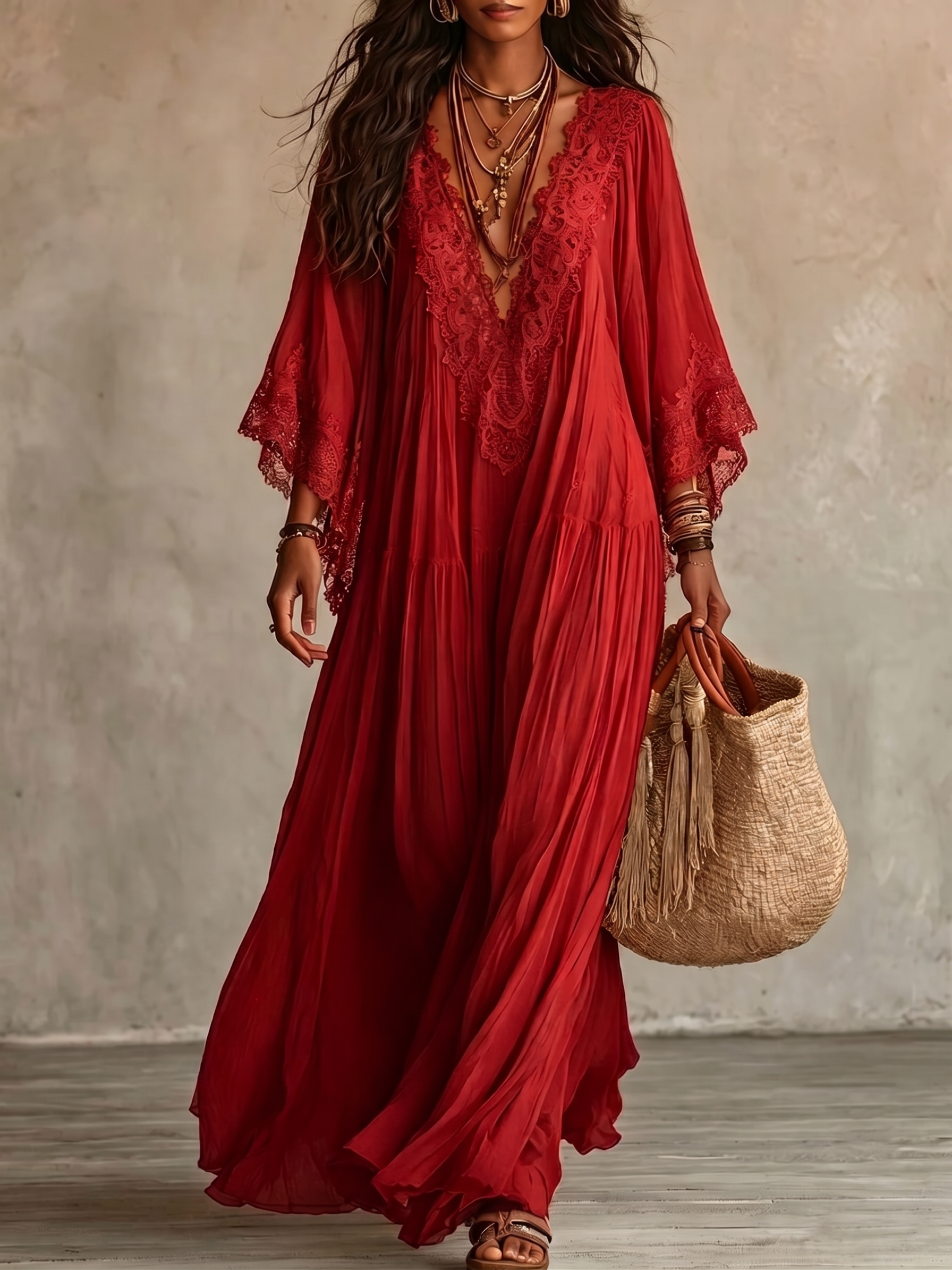 Emeline | Robe Maxi Boho à Manches Amples et Broderies