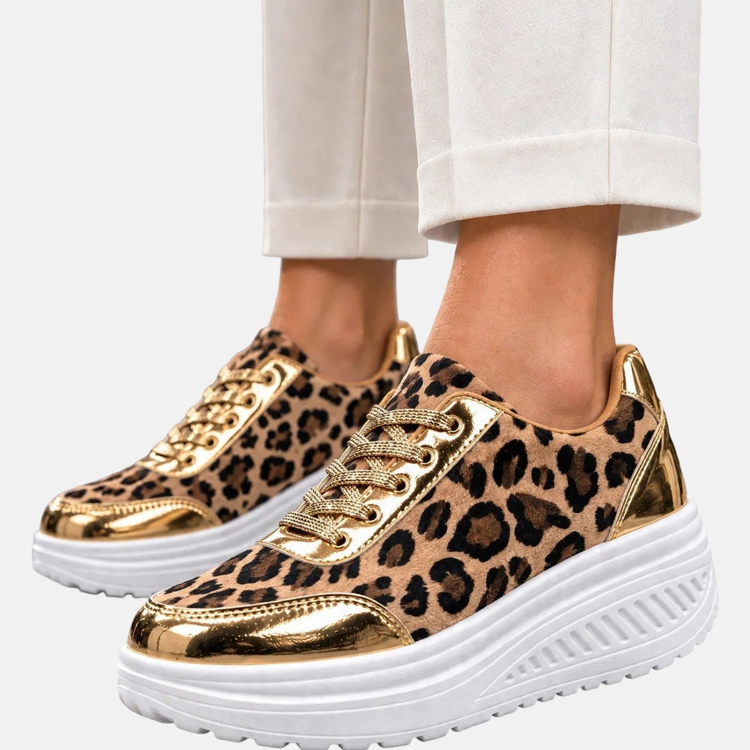 Solange | Baskets compensées léopard et or