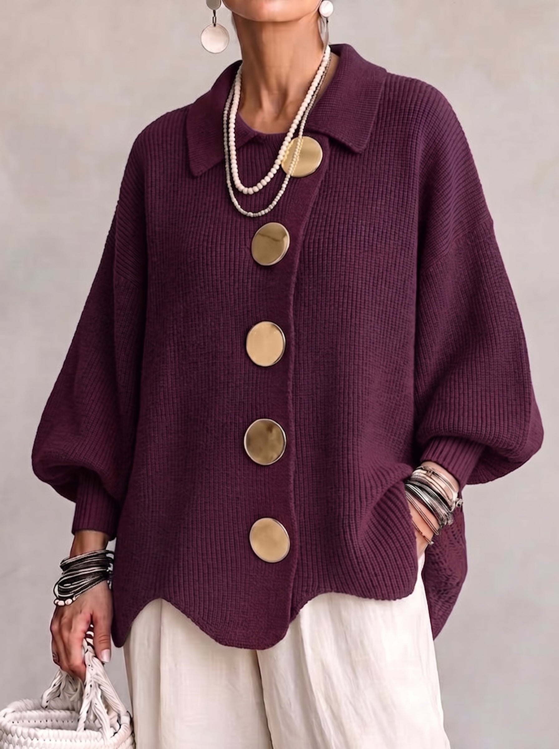 Isadora | Cardigan Oversize à Col avec Gros Boutons Métalliques