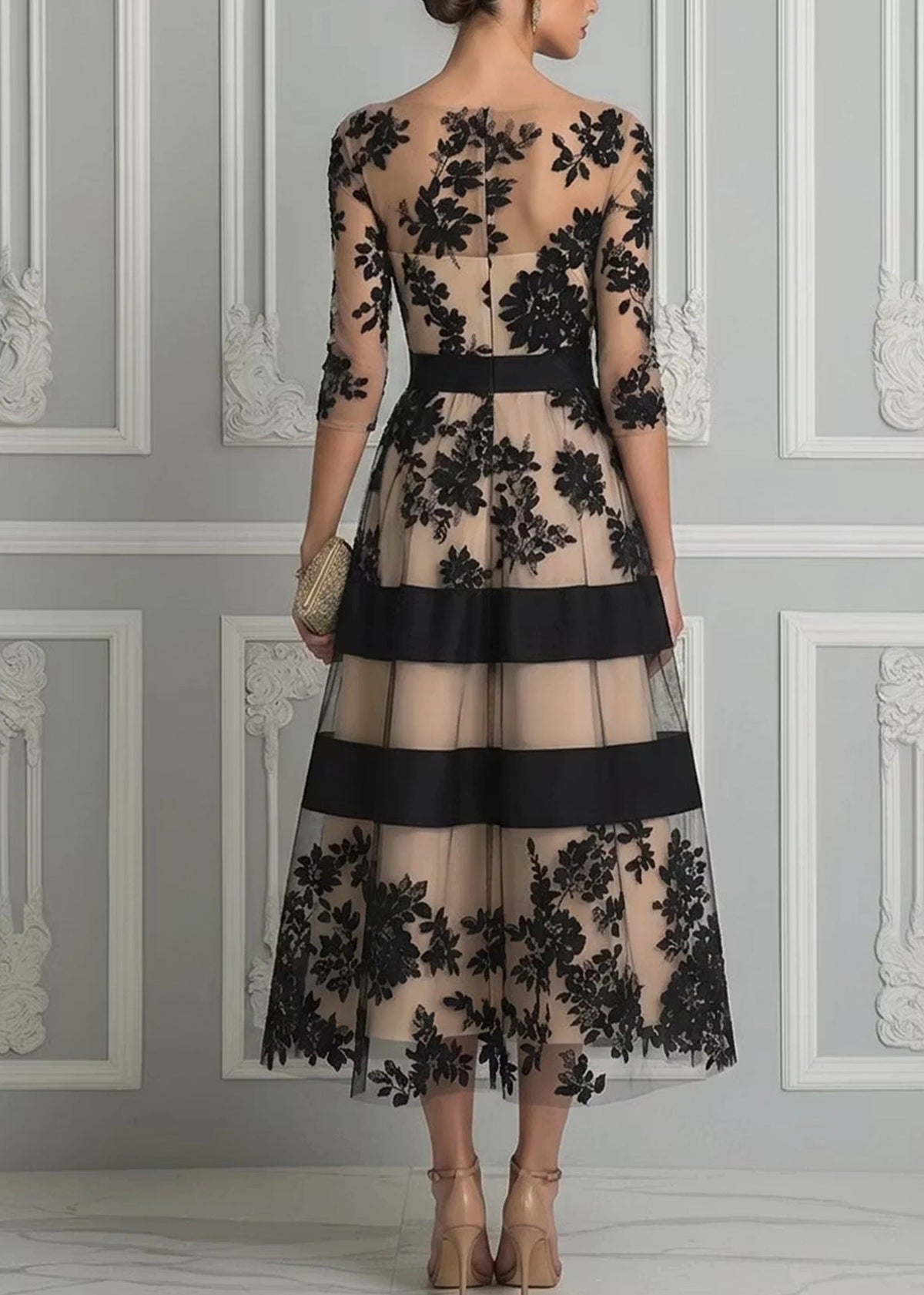 Aude | Robe Midi en Dentelle Florale à Bandes Contrastées