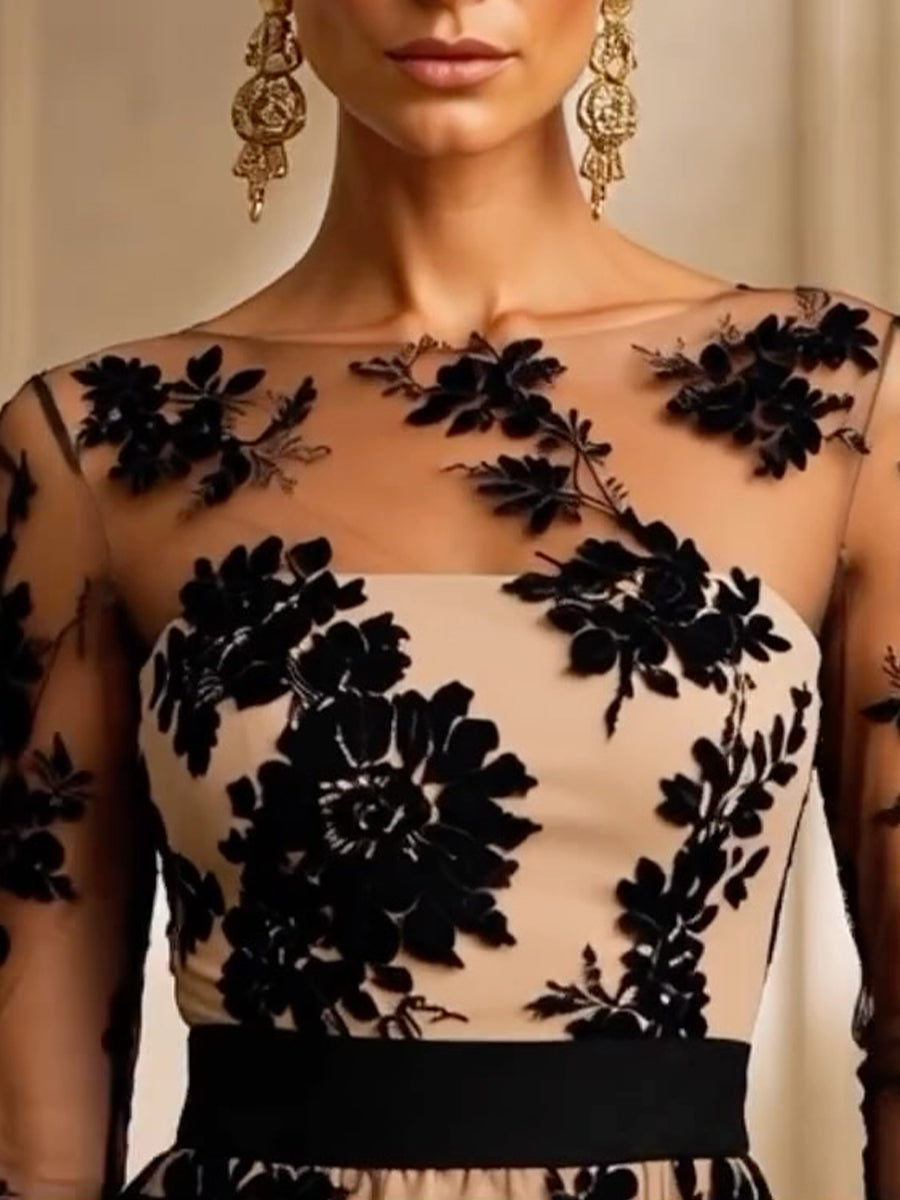 Aude | Robe Midi en Dentelle Florale à Bandes Contrastées